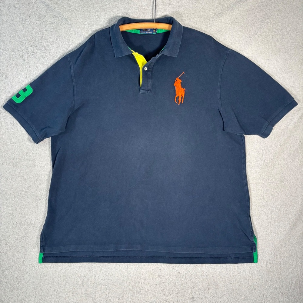 Polo Ralph Lauren Polo‎ Shirt Mens 3X Tall Navy Orange Pony Logo Big Pony Bloke
